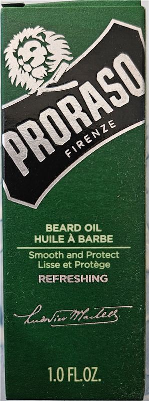 Proraso Refreshing saqqal yağı — yaşıl qutunun ön tərəfi